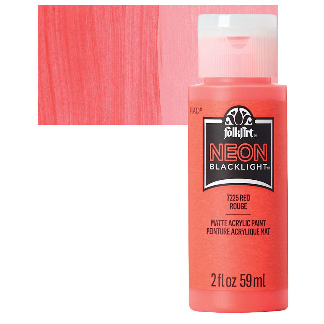 Open in modal - FolkArt Multi-Surface Neon Blacklight Acrylic Paint - Red, 2 oz, Bottle and swatch