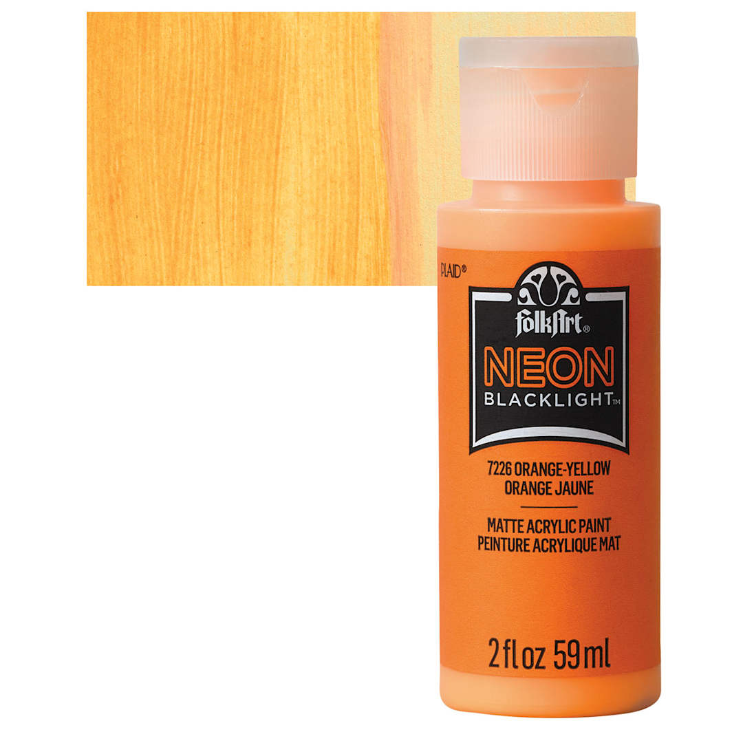 Open in modal - FolkArt Multi-Surface Neon Blacklight Acrylic Paint - Orange-Yellow, 2 oz, Bottle and swatch