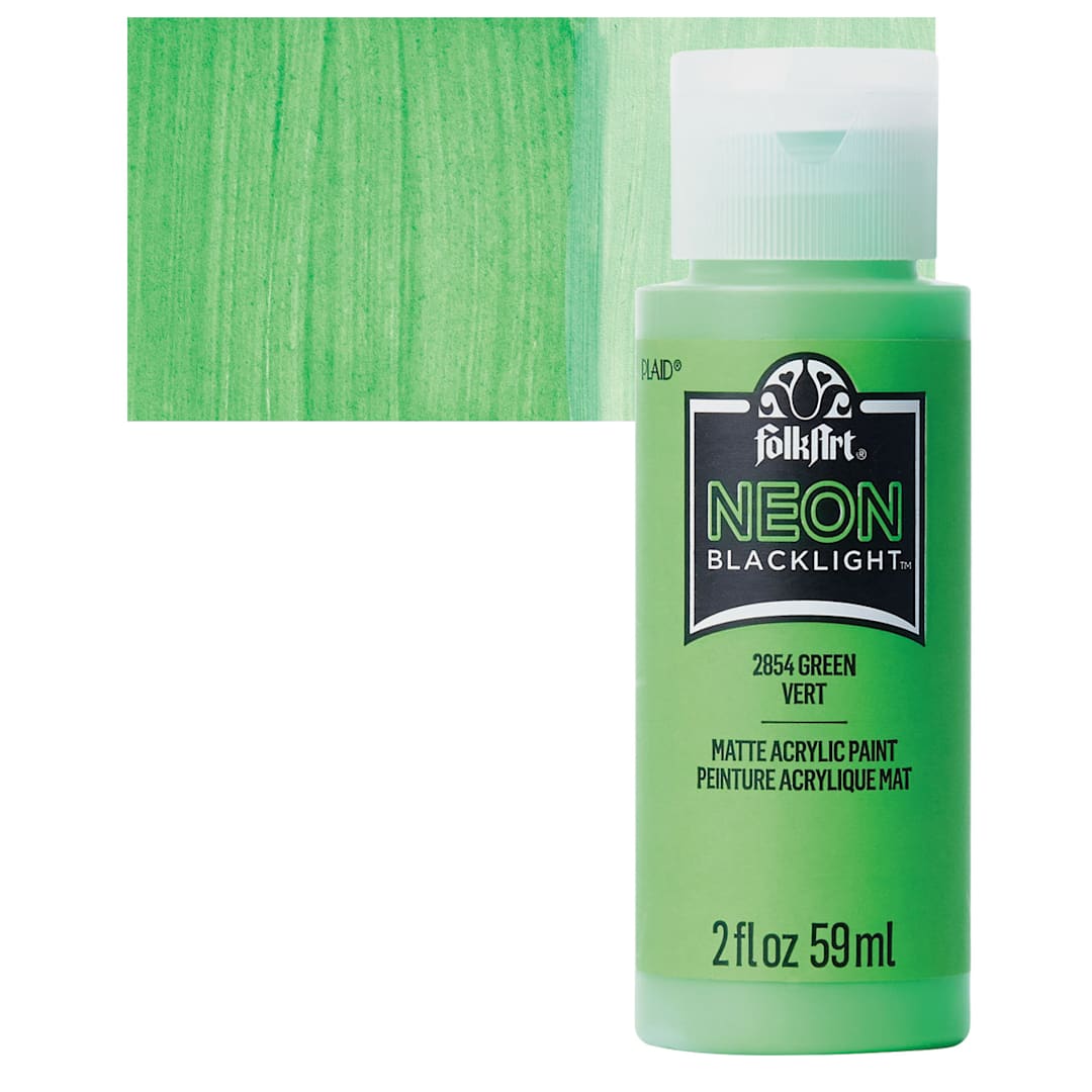 Open in modal - FolkArt Multi-Surface Neon Blacklight Acrylic Paint - Green, 2 oz, Bottle and swatch