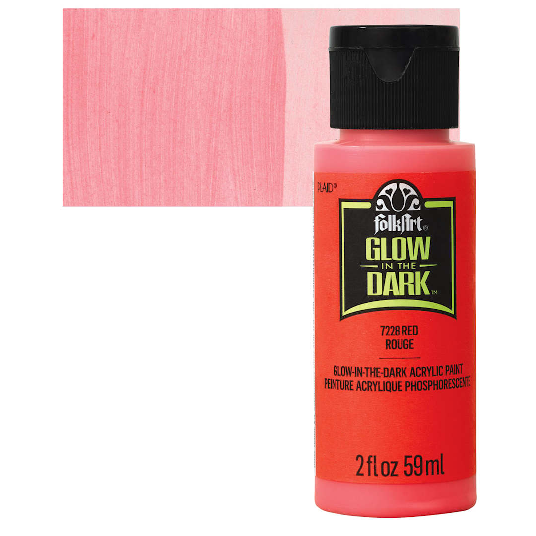 Open in modal - Plaid FolkArt Glow In The Dark Acrylic Paint - Red, 2 oz, Bottle and swatch