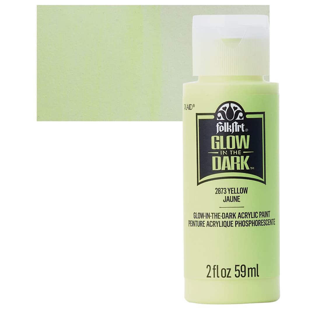Open in modal - Plaid FolkArt Glow In The Dark Acrylic Paint - Yellow, 2 oz, Bottle and swatch