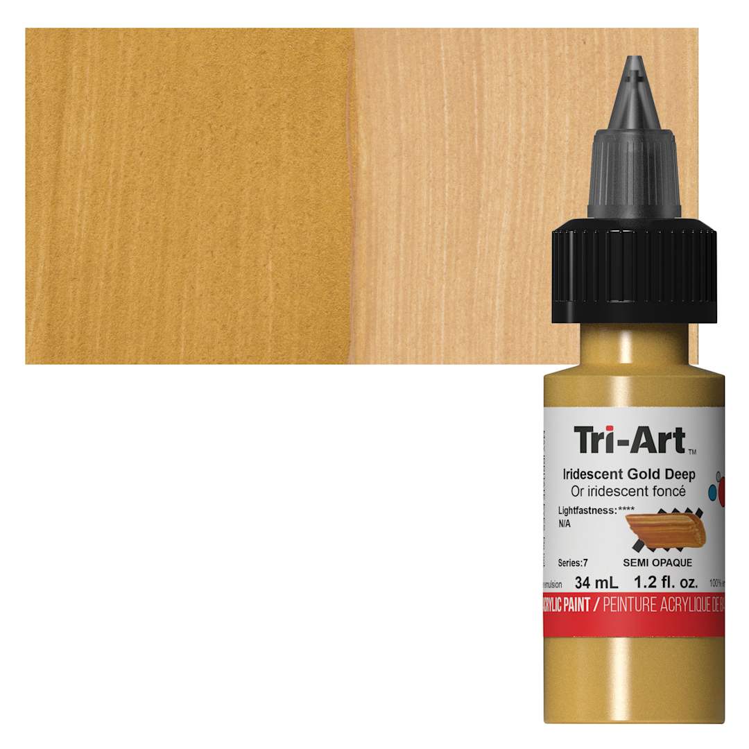 Open in modal - Tri-Art Low-Viscosity Artist Acrylic - Iridescent Gold Deep, 34 ml Tube and swatch