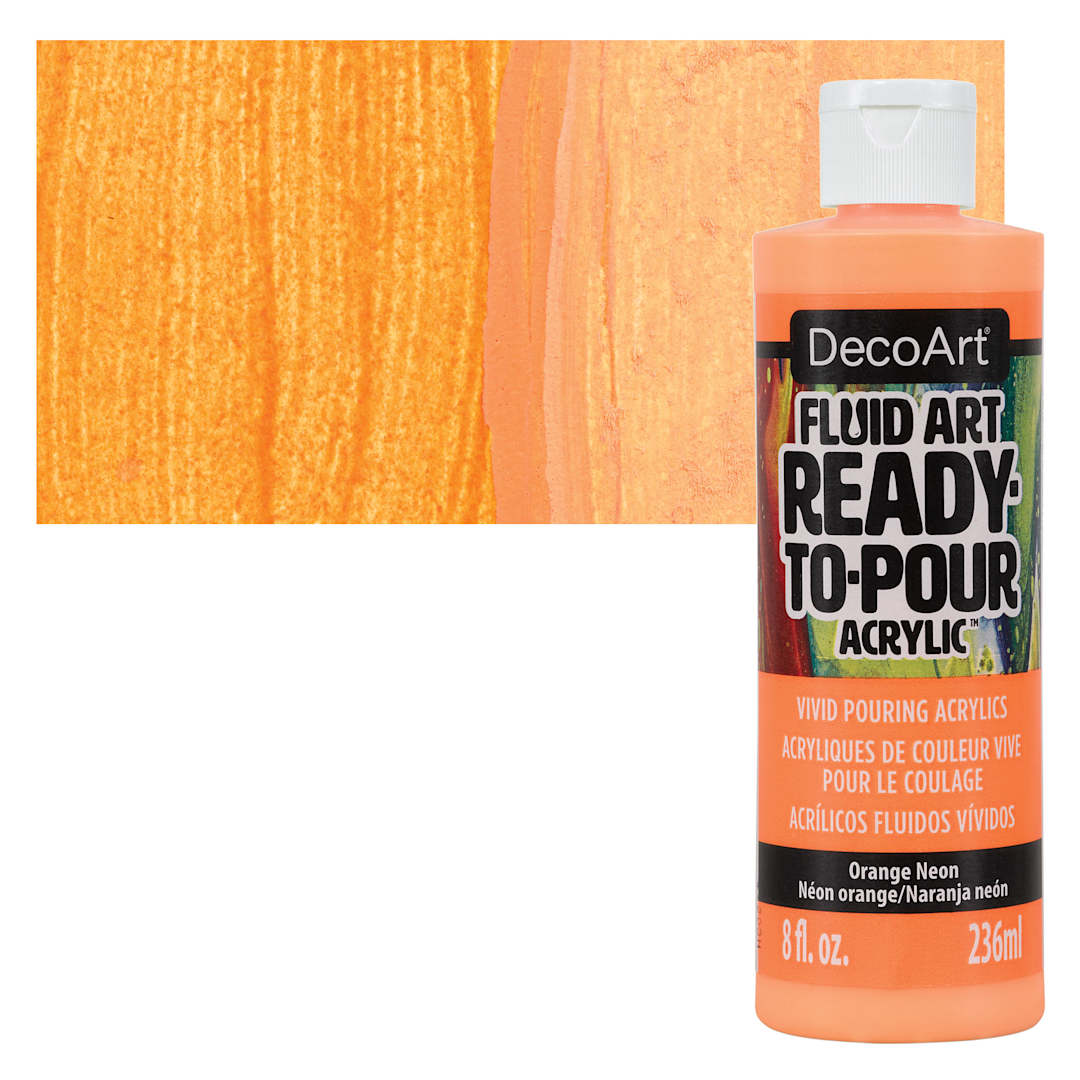 Open in modal - DecoArt Fluid Art Ready-To-Pour Acrylic - Neon Orange, 8 oz Bottle and swatch