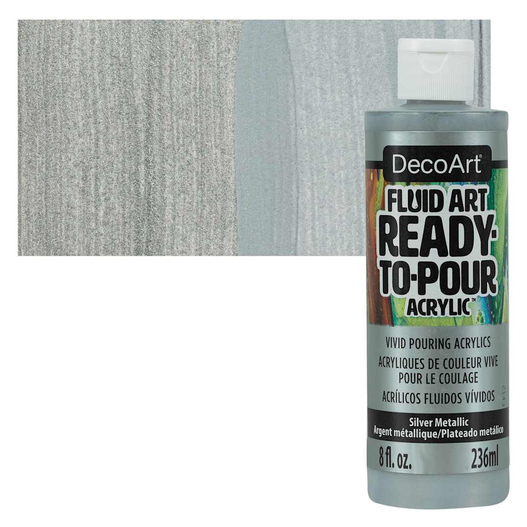 Open in modal - DecoArt Fluid Art Ready-To-Pour Acrylic - Silver (Metallic), 8 oz Bottle and swatch