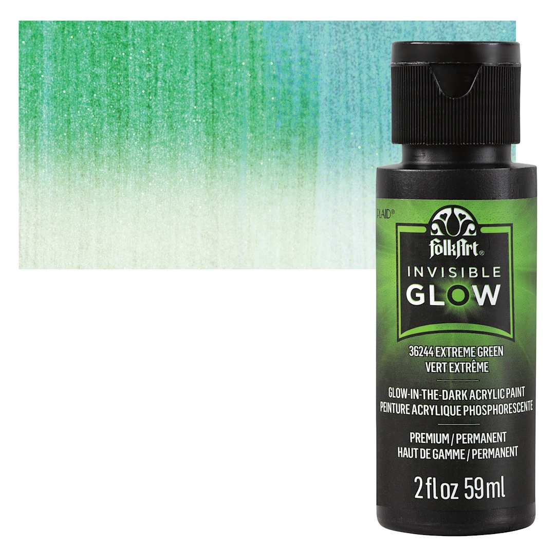 Open in modal - FolkArt Invisible Glow Acrylic Paint - Extreme Green, 2 oz bottle and swatch
