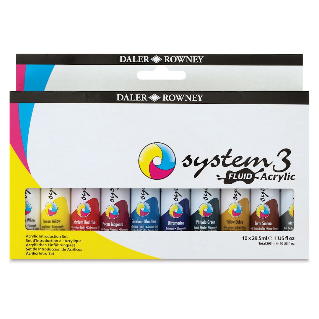 Open in modal - Daler-Rowney System3 Fluid Acrylics - Set of 10, 29.5 ml (Front of package)