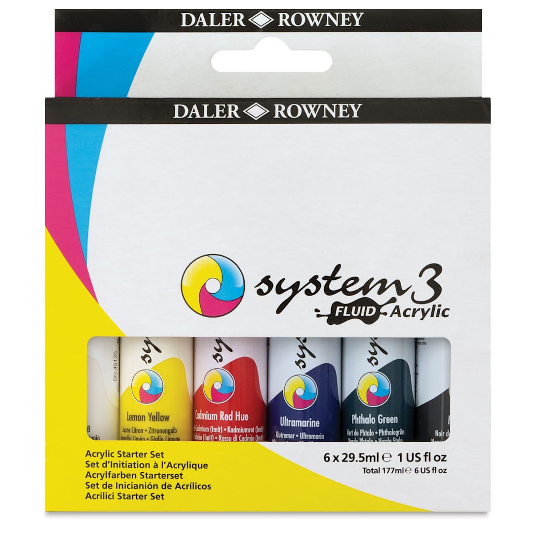 Open in modal - Daler-Rowney System3 Fluid Acrylics - Set of 6, 29.5 ml (Front of package)