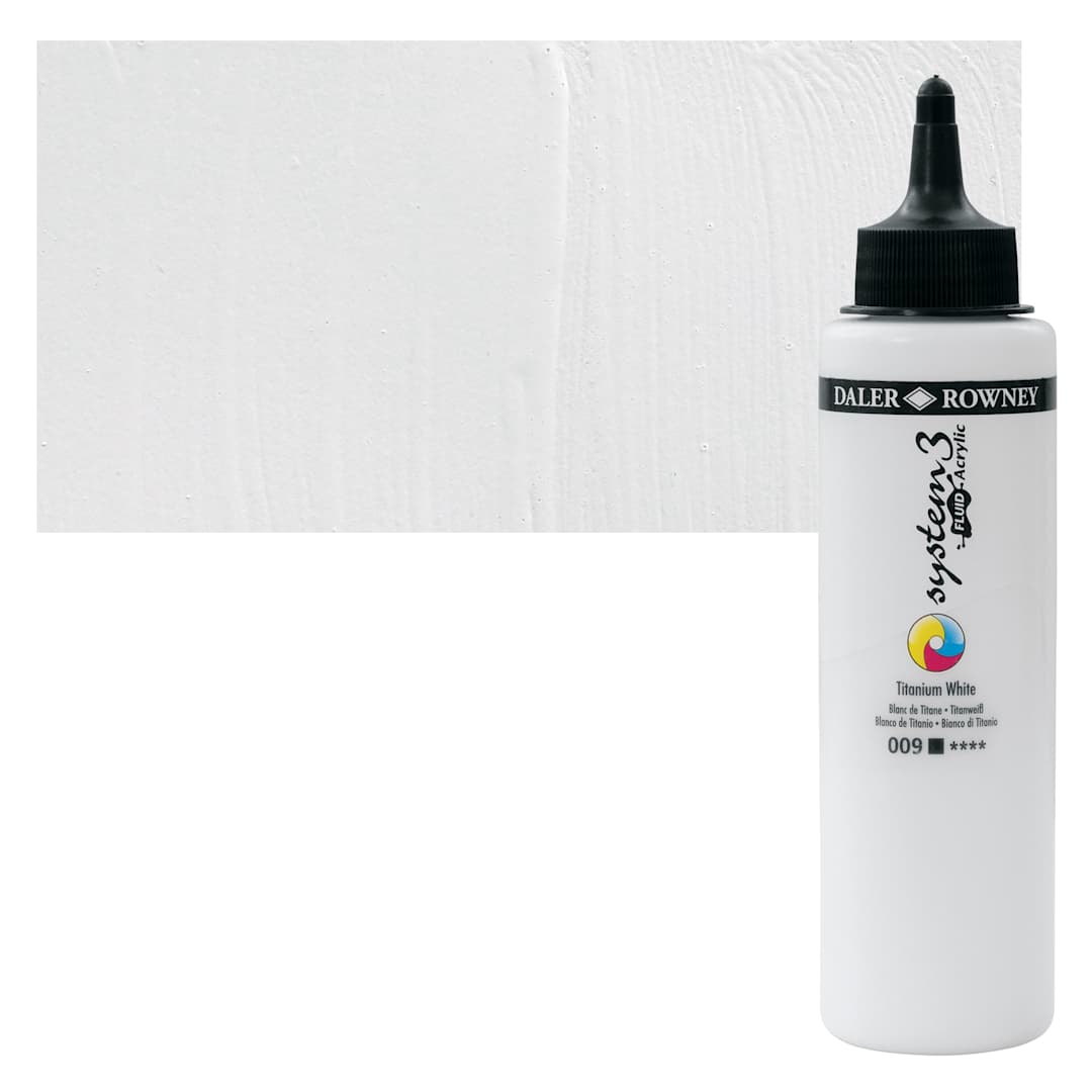 Open in modal - Daler-Rowney System3 Fluid Acrylic - Titanium White, 250 ml bottle and swatch