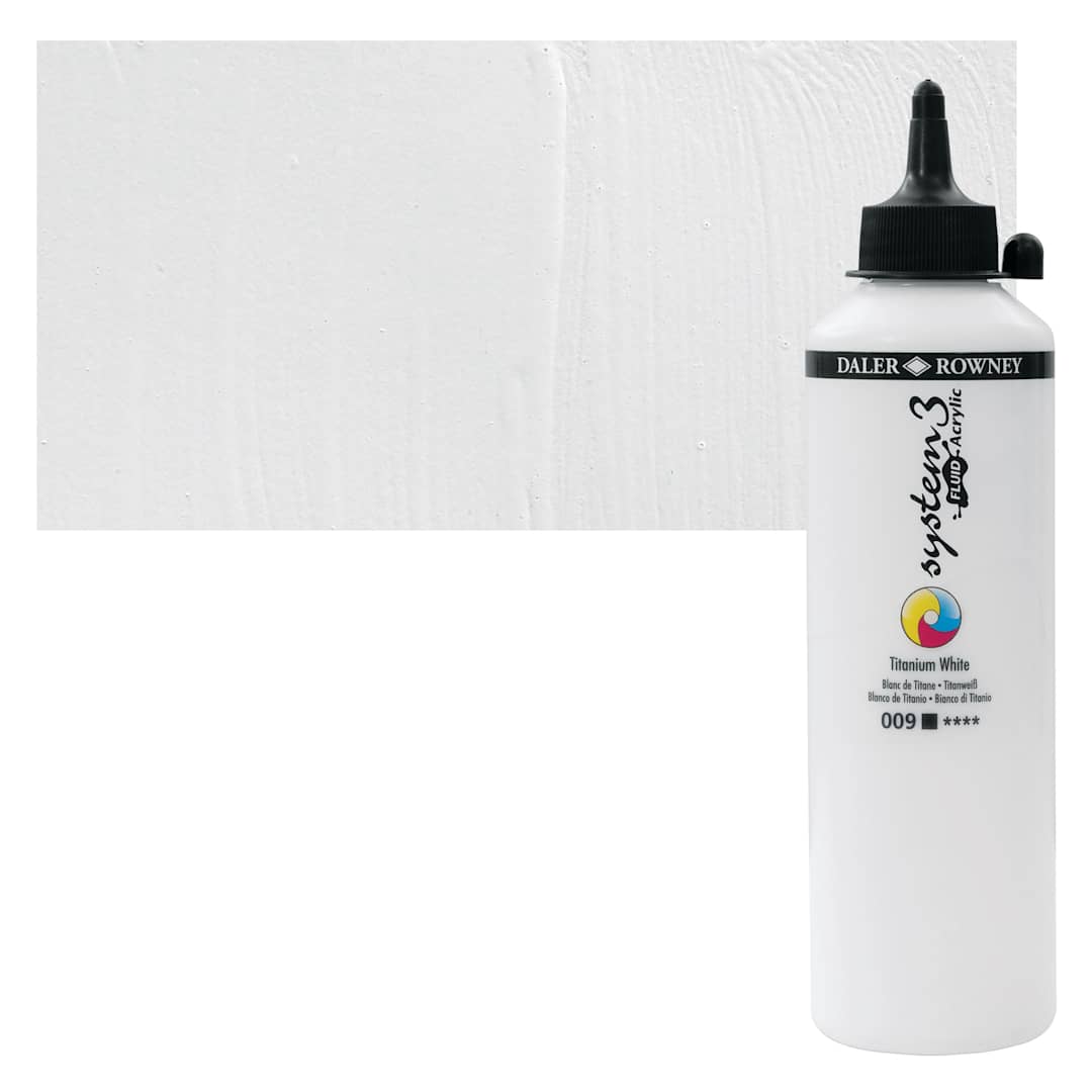 Open in modal - Daler-Rowney System3 Fluid Acrylic - Titanium White, 500 ml bottle and swatch