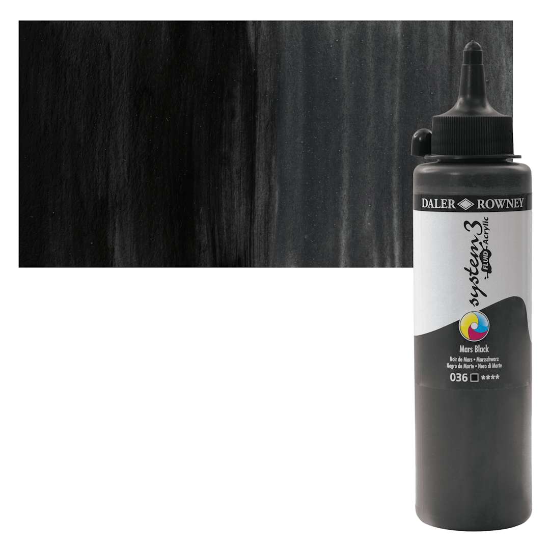 Open in modal - Daler-Rowney System3 Fluid Acrylic - Mars Black, 250 ml bottle and swatch