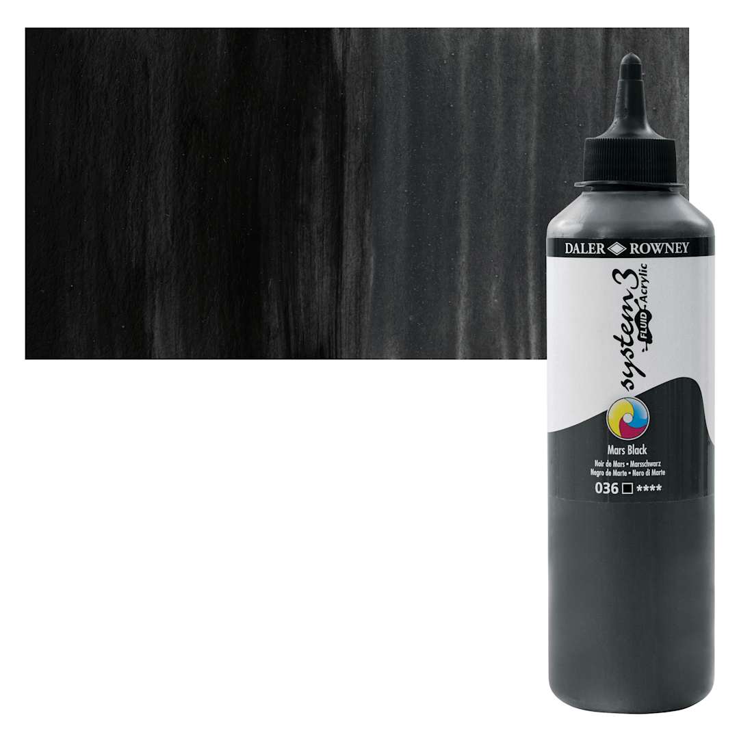 Open in modal - Daler-Rowney System3 Fluid Acrylic - Mars Black, 500 ml bottle and swatch