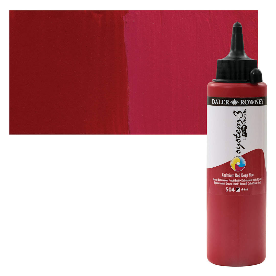 Open in modal - Daler-Rowney System3 Fluid Acrylic - Cadmium Red Deep Hue, 250 ml bottle and swatch