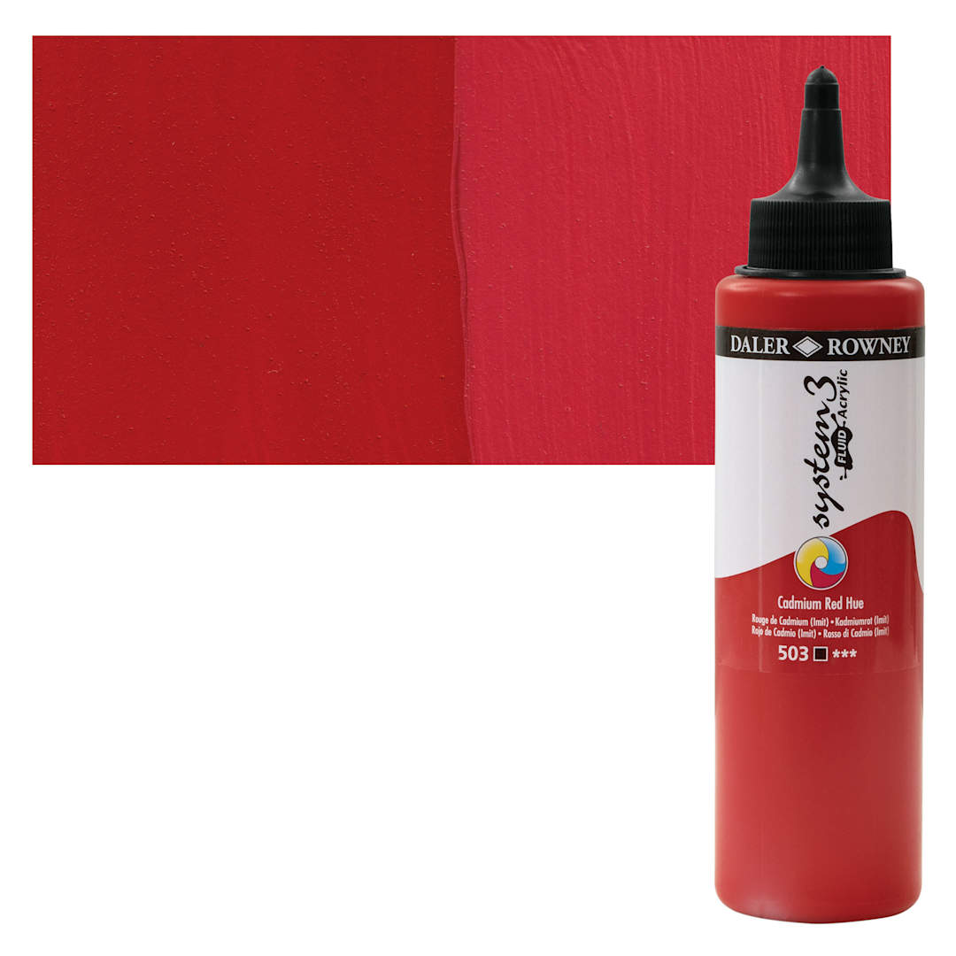 Open in modal - Daler-Rowney System3 Fluid Acrylic - Cadmium Red Hue, 250 ml bottle and swatch