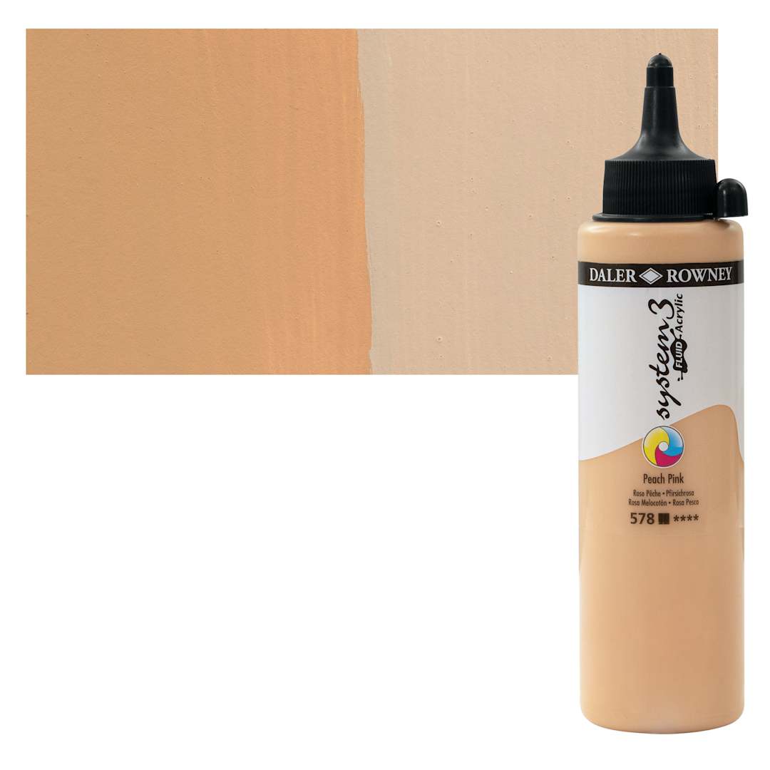Open in modal - Daler-Rowney System3 Fluid Acrylic - Peach Pink, 250 ml bottle and swatch