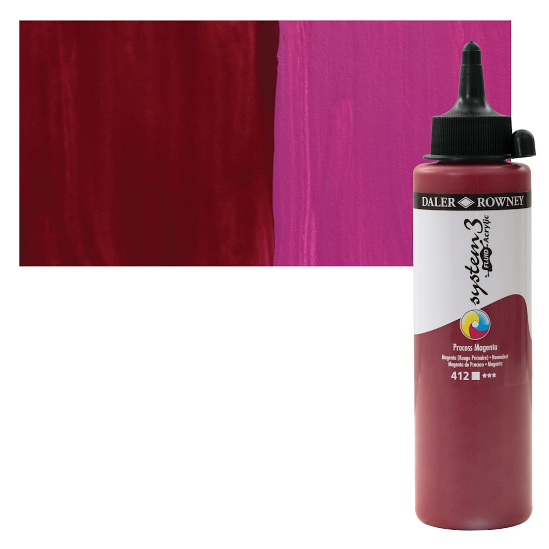 Open in modal - Daler-Rowney System3 Fluid Acrylic - Process Magenta, 250 ml bottle and swatch