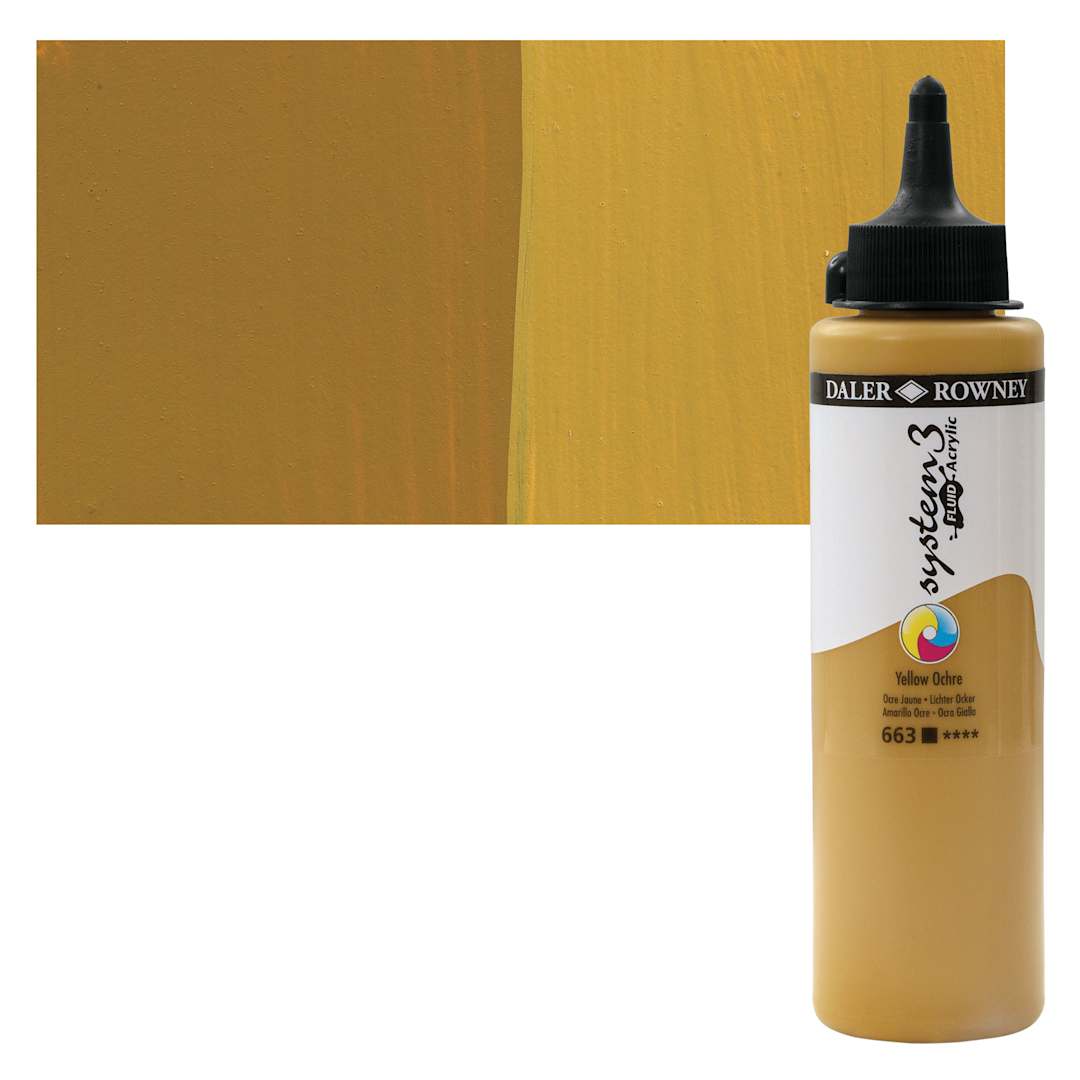 Open in modal - Daler-Rowney System3 Fluid Acrylic - Yellow Ochre, 250 ml bottle and swatch