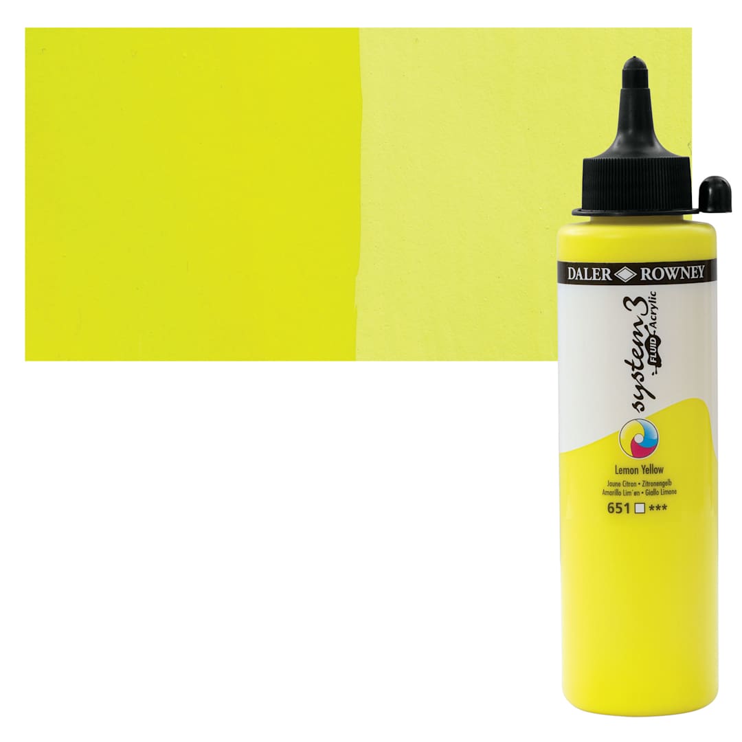 Open in modal - Daler-Rowney System3 Fluid Acrylic - Lemon Yellow, 250 ml bottle and swatch