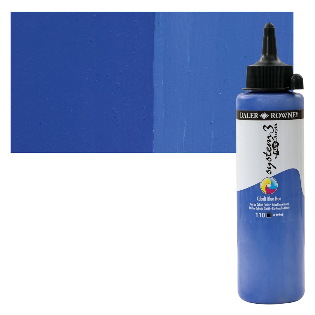Open in modal - Daler-Rowney System3 Fluid Acrylic - Cobalt Blue Hue, 250 ml bottle and swatch