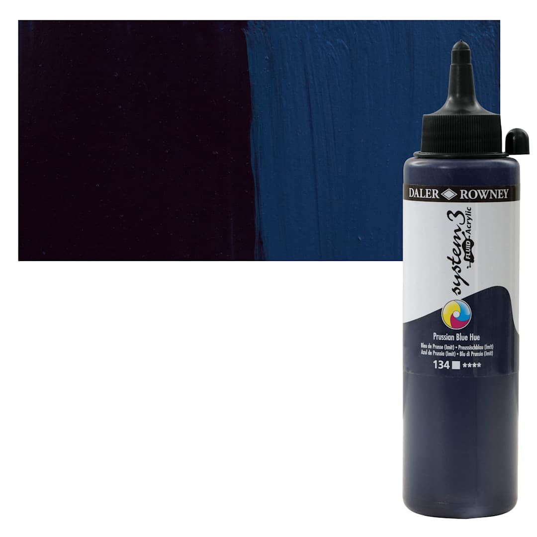 Open in modal - Daler-Rowney System3 Fluid Acrylic - Prussian Blue, 250 ml bottle and swatch
