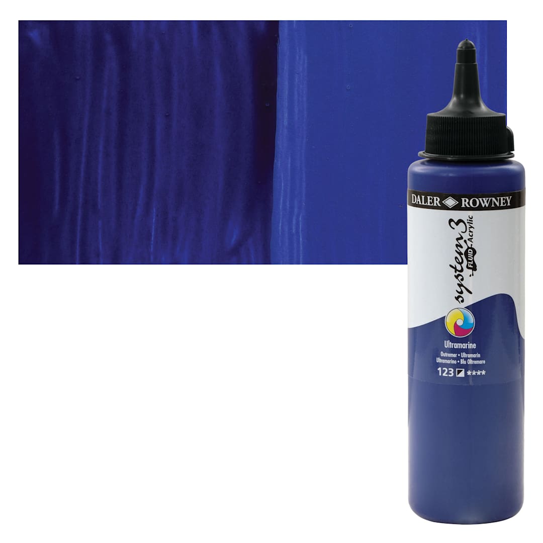 Open in modal - Daler-Rowney System3 Fluid Acrylic - Ultramarine, 250 ml bottle and swatch