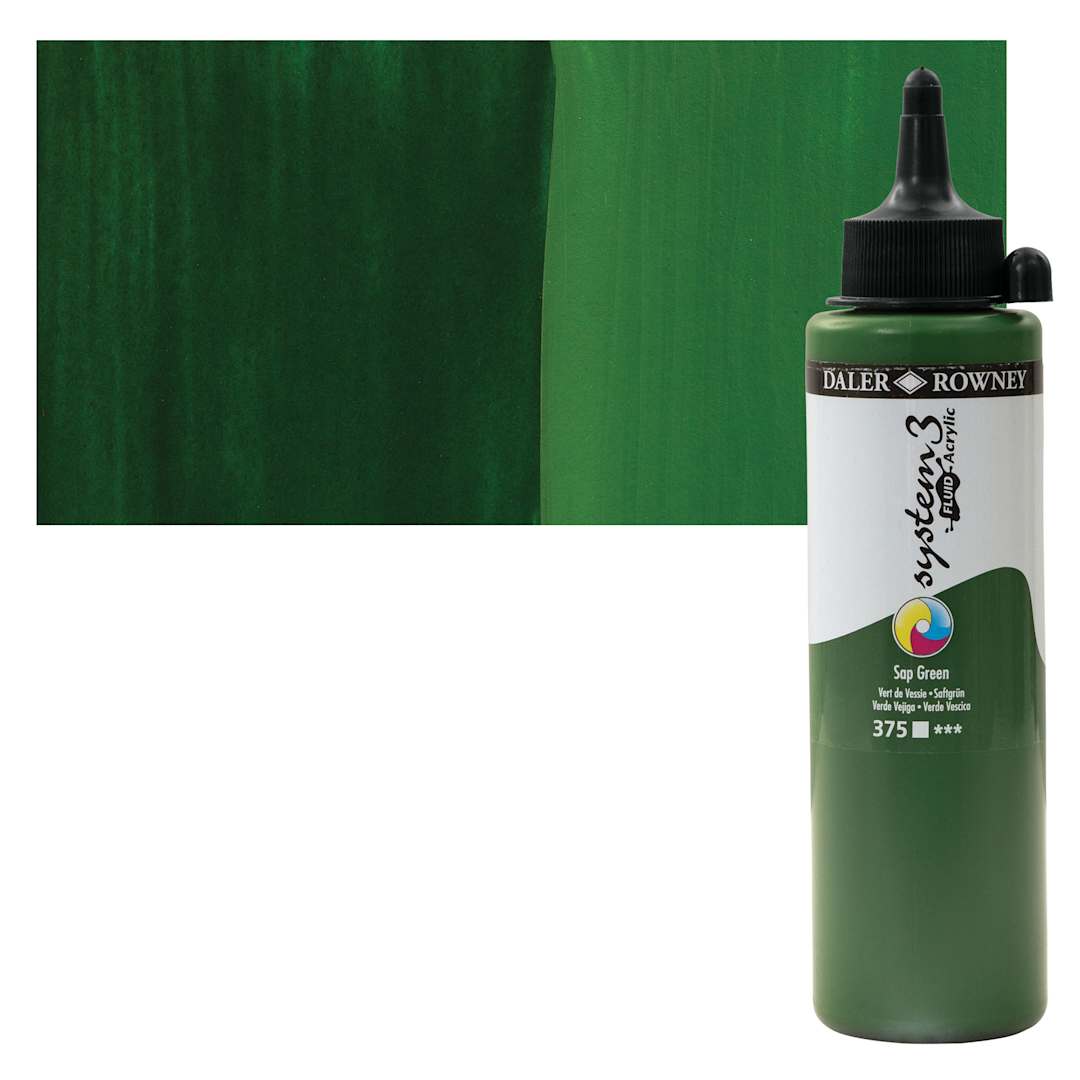 Open in modal - Daler-Rowney System3 Fluid Acrylic - Sap Green, 250 ml bottle and swatch