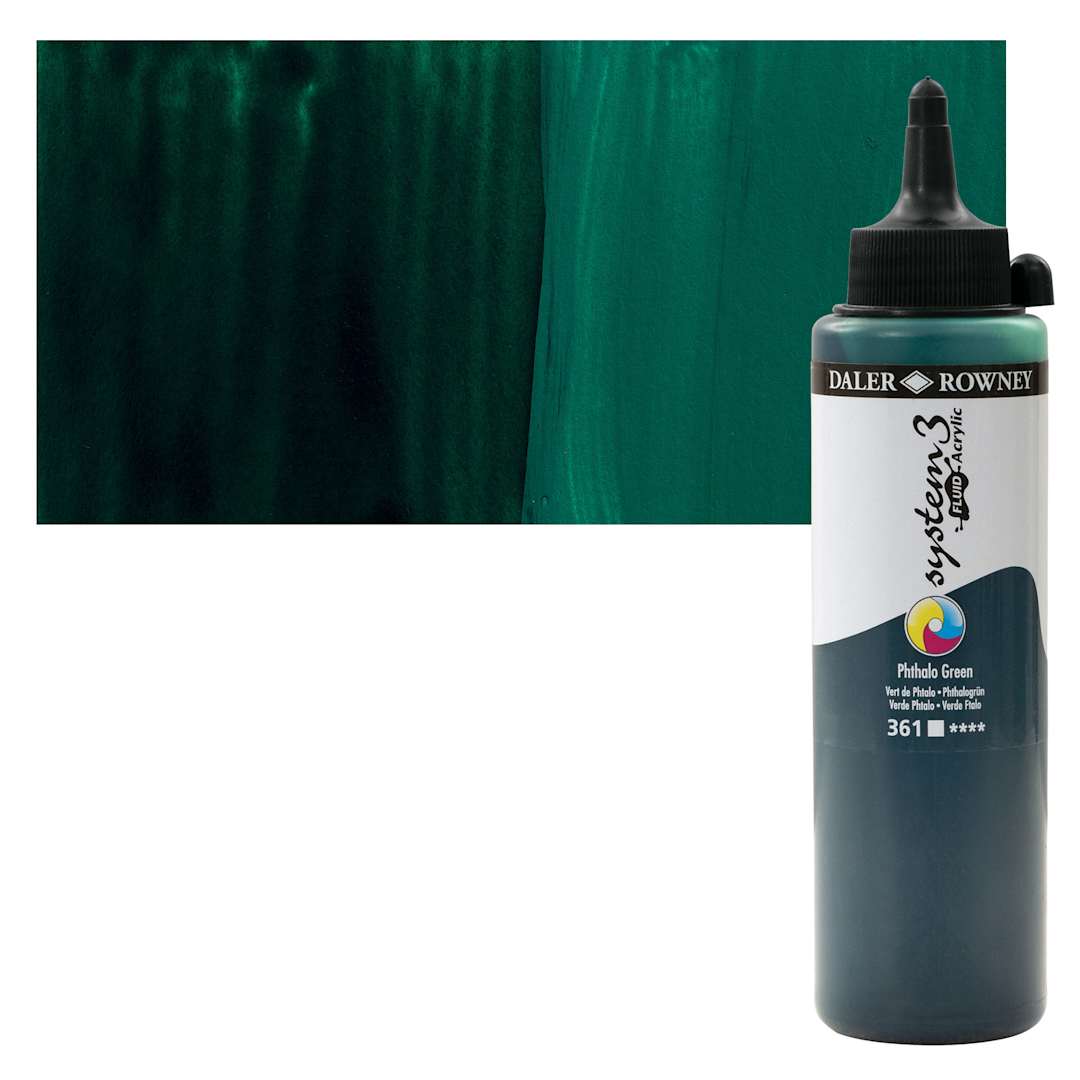Open in modal - Daler-Rowney System3 Fluid Acrylic - Phthalo Green, 250 ml bottle and swatch