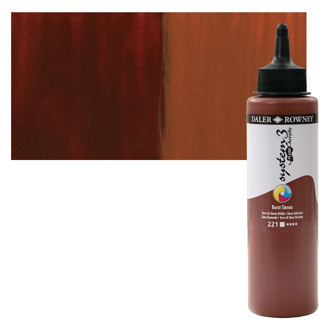 Open in modal - Daler-Rowney System3 Fluid Acrylic - Burnt Sienna, 250 ml bottle and swatch