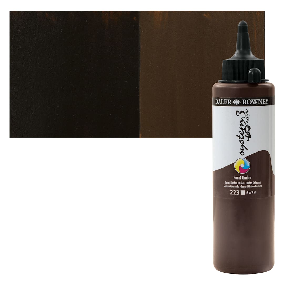 Open in modal - Daler-Rowney System3 Fluid Acrylic - Burnt Umber, 250 ml bottle and swatch