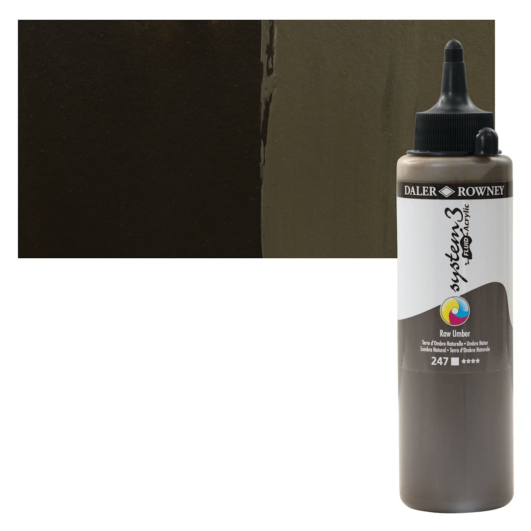 Open in modal - Daler-Rowney System3 Fluid Acrylic - Raw Umber, 250 ml bottle and swatch