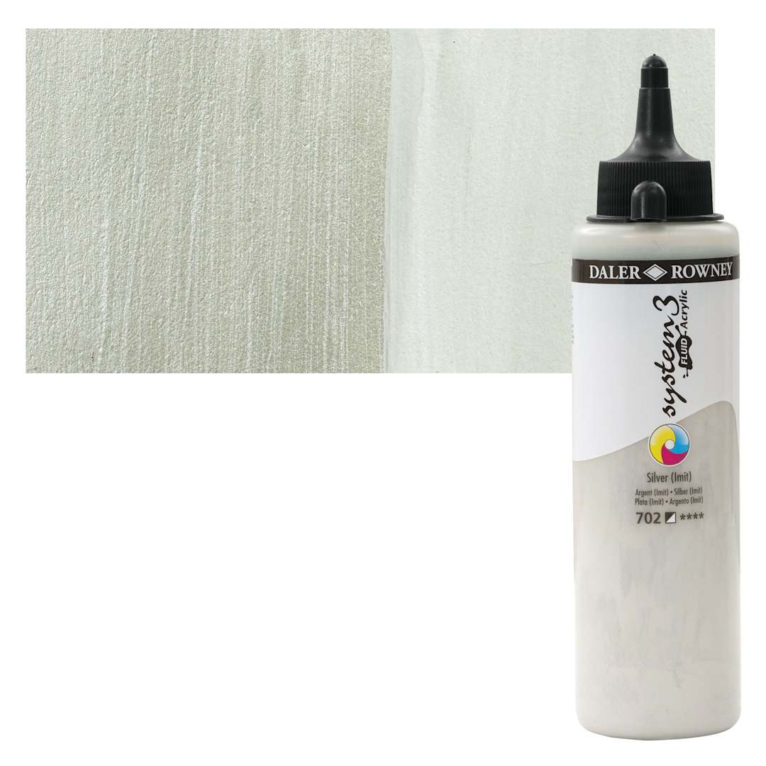 Open in modal - Daler-Rowney System3 Fluid Acrylic - Silver Imitation, 250 ml bottle and swatch