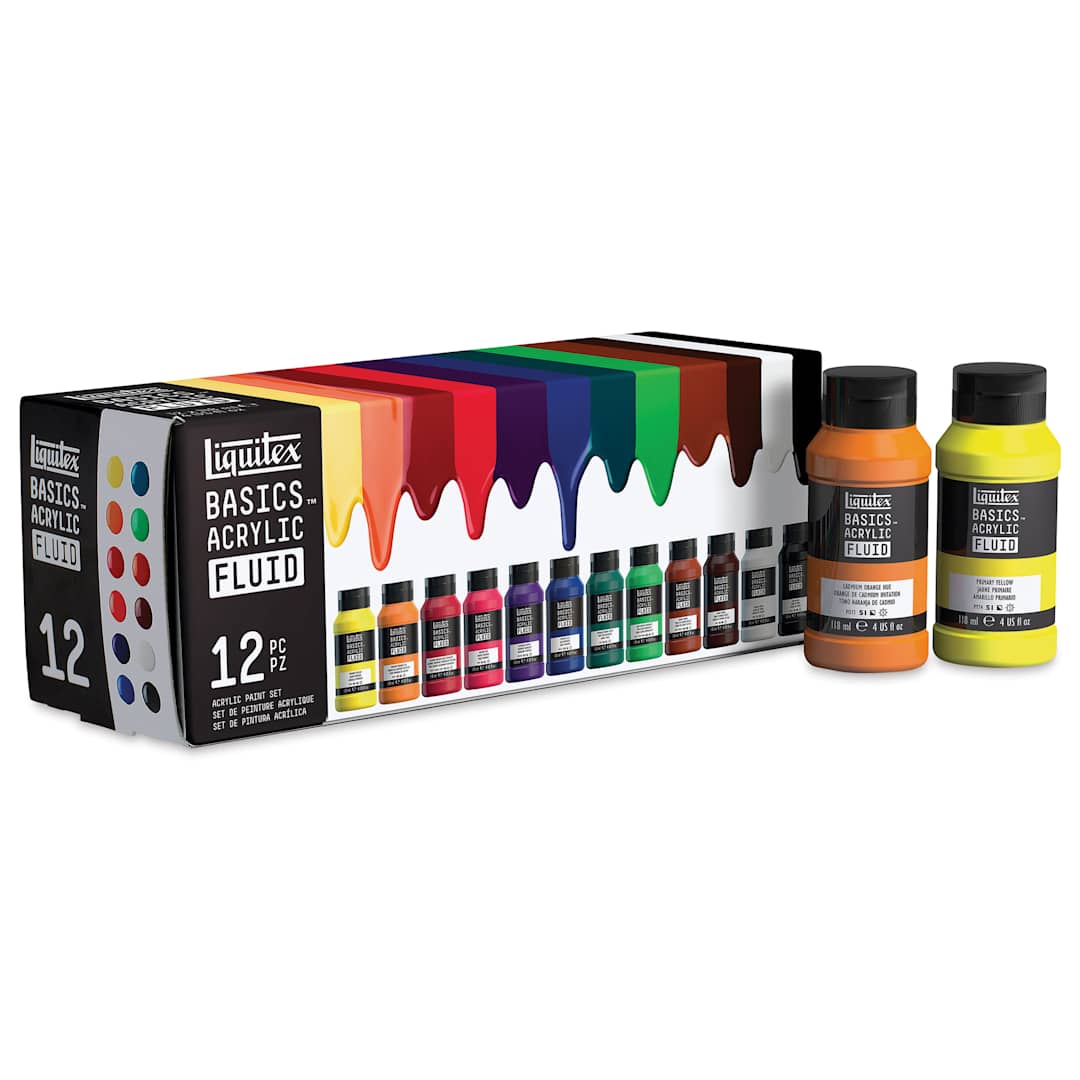 Open in modal - Liquitex Basics Acrylic Fluid Paint - Assorted Colors, Set of 12, 118 ml