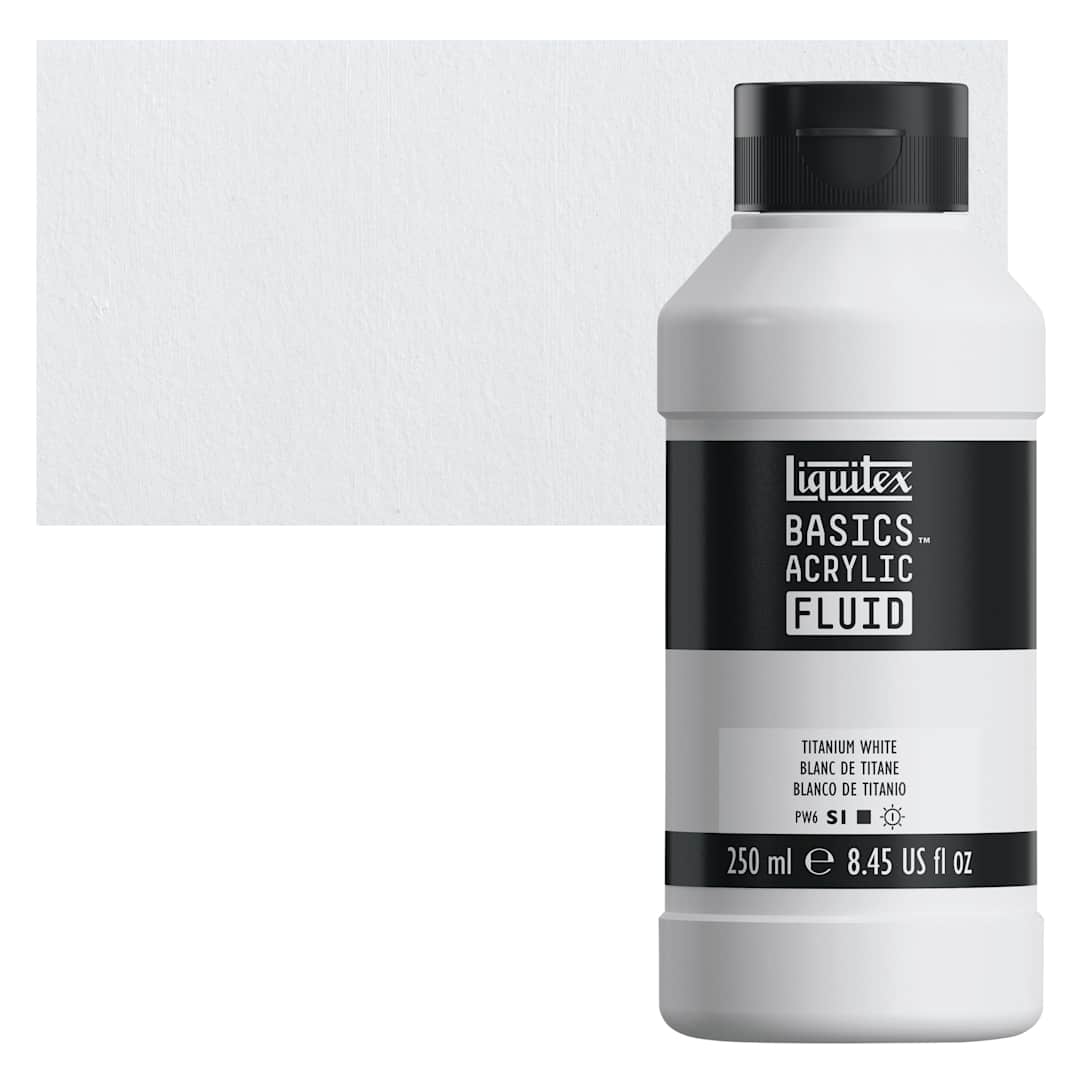 Open in modal - Liquitex Basics Acrylic Fluid Paint - Titanium White, 250 ml bottle and swatch