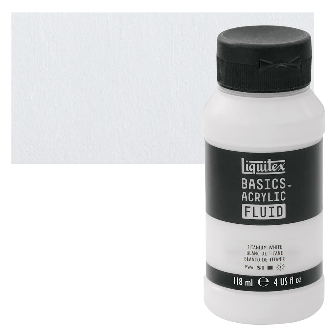 Open in modal - Liquitex Basics Acrylic Fluid Paint - Titanium White, 118 ml bottle and swatch