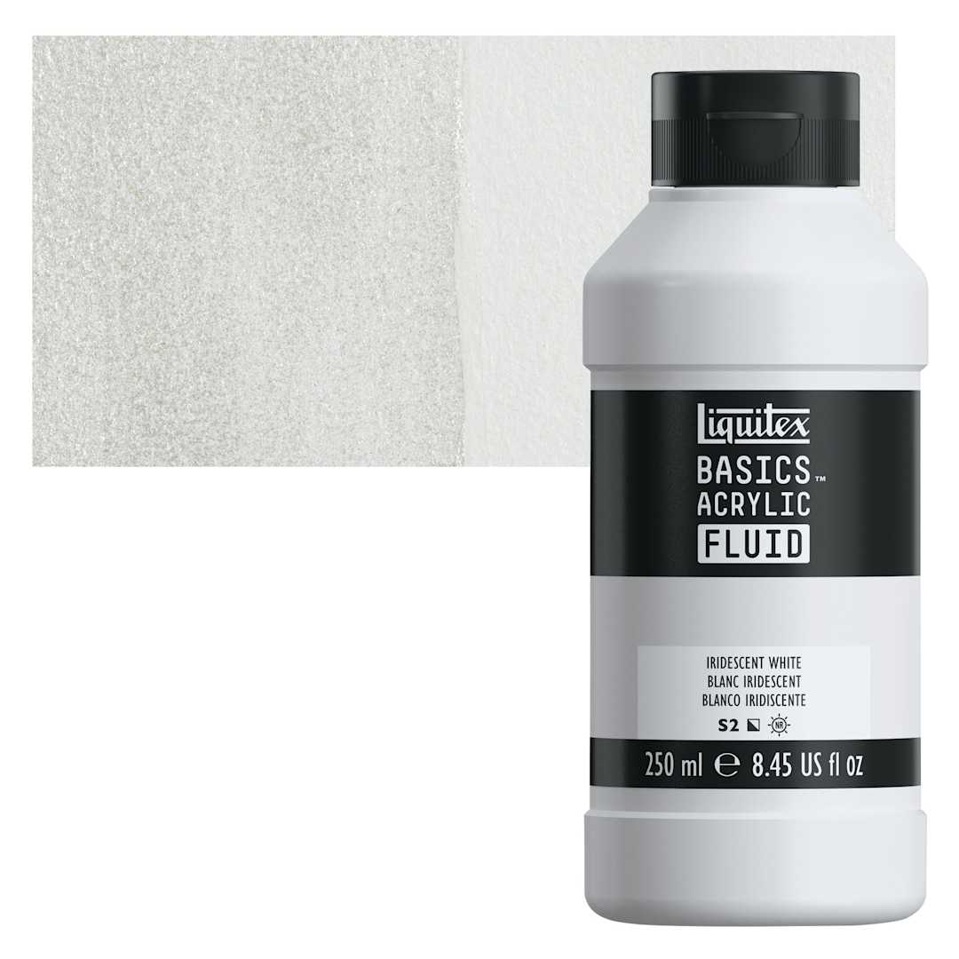 Open in modal - Liquitex Basics Acrylic Fluid Paint - Iridescent White, 250 ml bottle and swatch