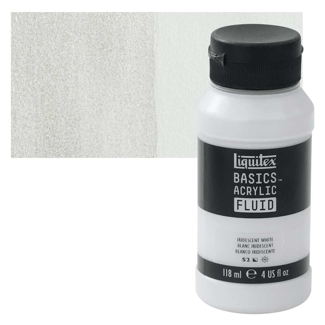 Open in modal - Liquitex Basics Acrylic Fluid Paint - Iridescent White, 118 ml bottle and swatch