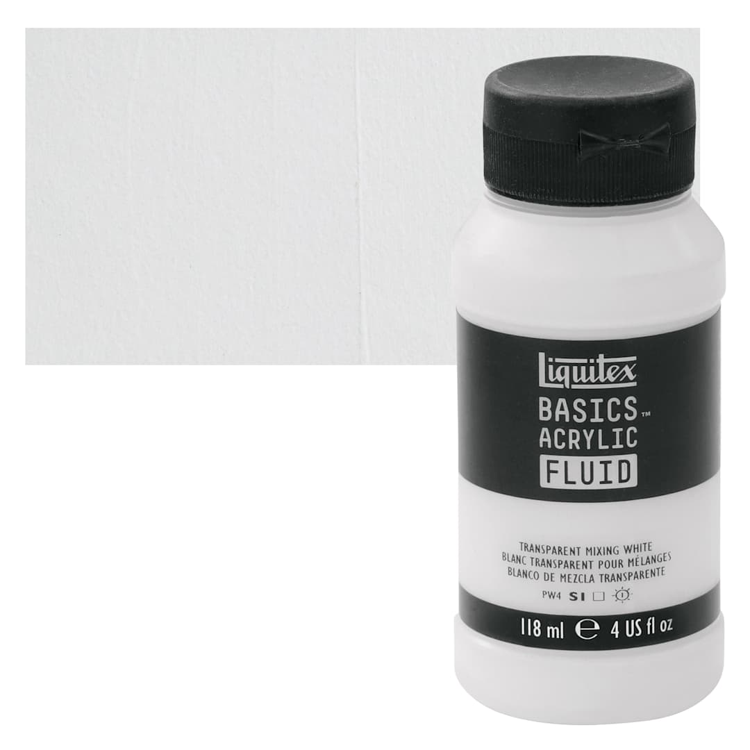 Open in modal - Liquitex Basics Acrylic Fluid Paint - Transparent Mixing White, 118 ml bottle and swatch