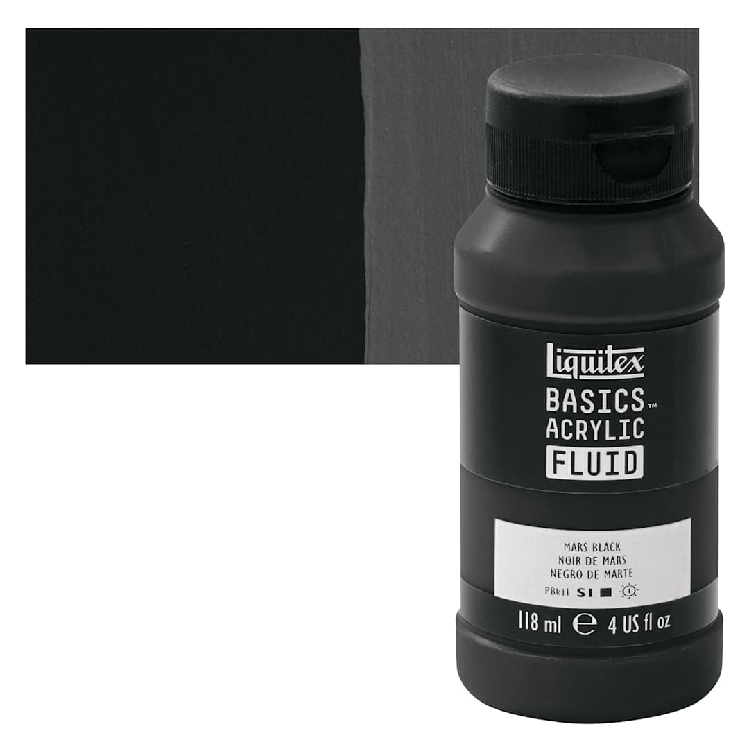 Open in modal - Liquitex Basics Acrylic Fluid Paint - Mars Black, 118 ml bottle and swatch