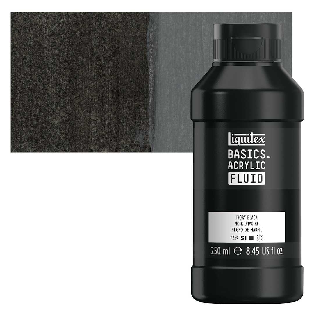 Open in modal - Liquitex Basics Acrylic Fluid Paint - Ivory Black, 250 ml bottle and swatch
