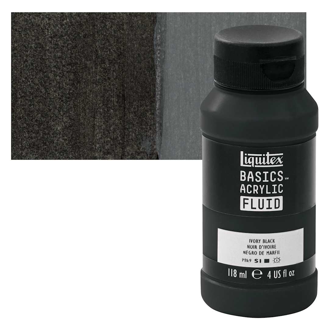 Open in modal - Liquitex Basics Acrylic Fluid Paint - Ivory Black, 118 ml bottle and swatch