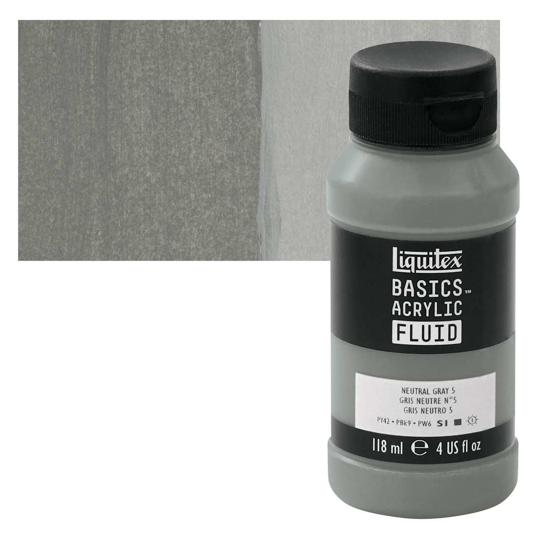 Open in modal - Liquitex Basics Acrylic Fluid Paint - Neutral Grey 5, 118 ml bottle and swatch