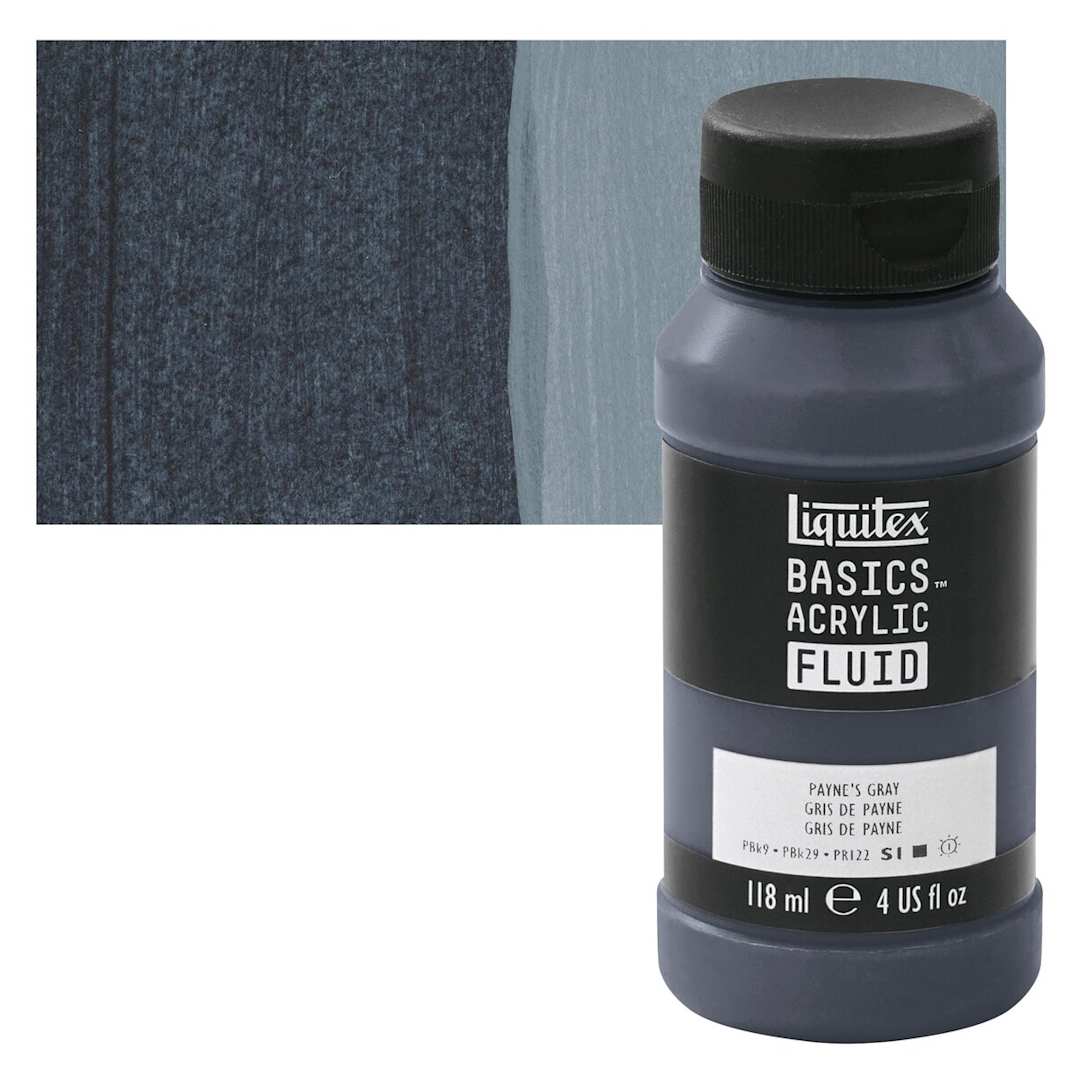 Open in modal - Liquitex Basics Acrylic Fluid Paint - Payne's Grey, 118 ml bottle and swatch