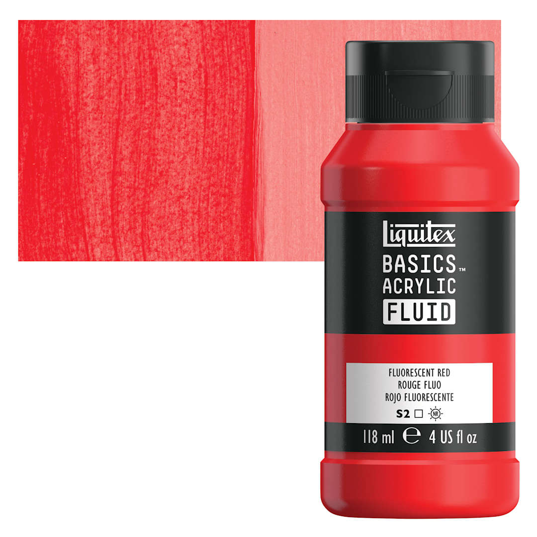 Open in modal - Liquitex Basics Acrylic Fluid Paint - Fluorescent Red, 118 ml bottle and swatch