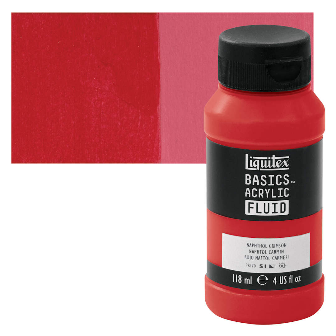 Open in modal - Liquitex Basics Acrylic Fluid Paint - Naphthol Crimson, 118 ml bottle and swatch
