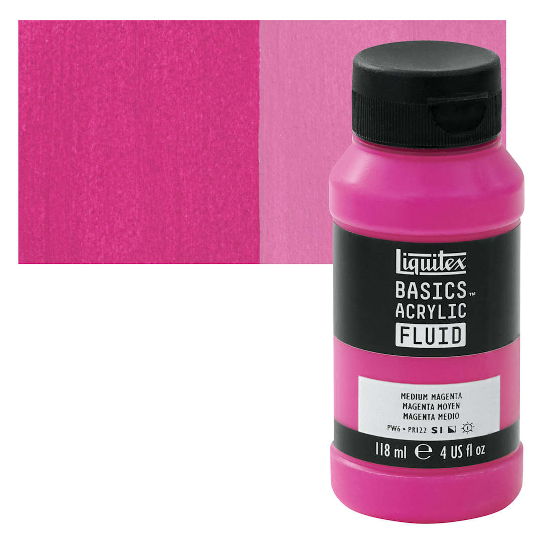 Open in modal - Liquitex Basics Acrylic Fluid Paint - Medium Magenta, 118 ml bottle and swatch