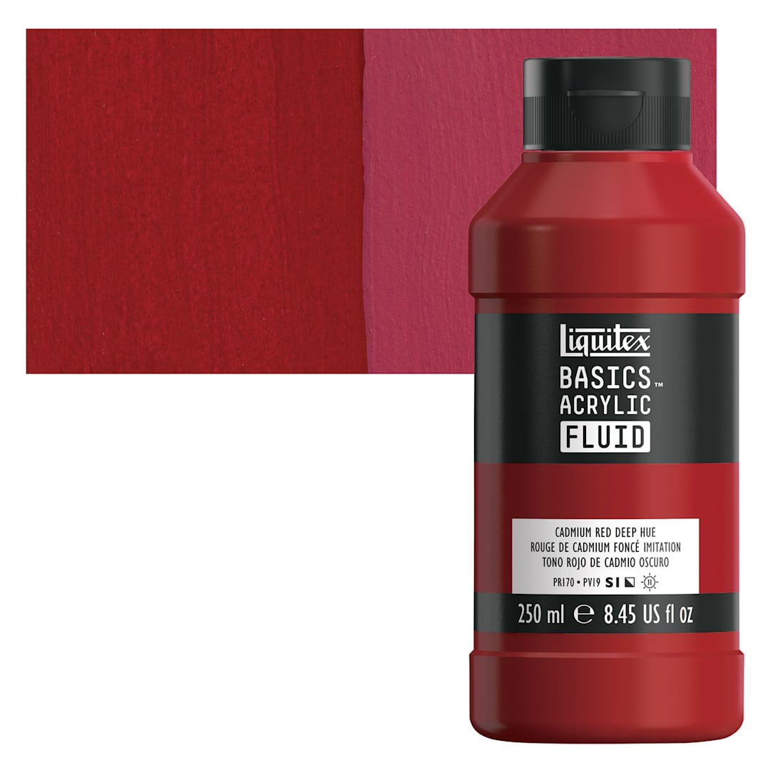 Open in modal - Liquitex Basics Acrylic Fluid Paint - Cadmium Red Deep Hue, 250 ml bottle and swatch