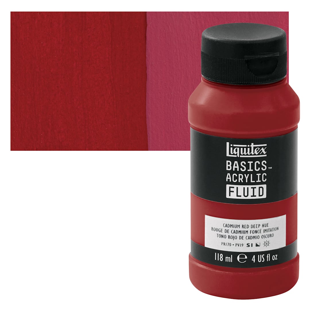 Open in modal - Liquitex Basics Acrylic Fluid Paint - Cadmium Red Deep Hue, 118 ml bottle and swatch