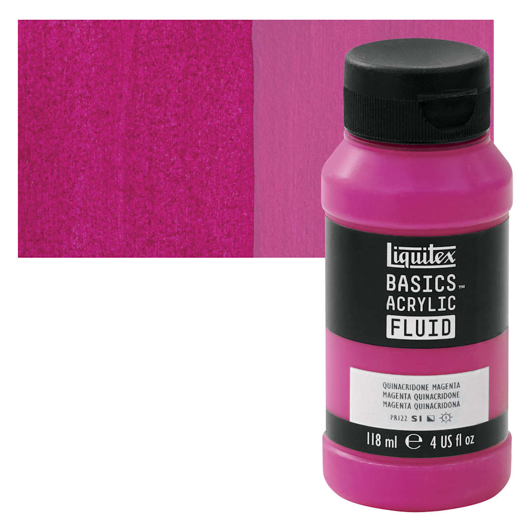 Open in modal - Liquitex Basics Acrylic Fluid Paint - Quinacridone Magenta, 118 ml bottle and swatch