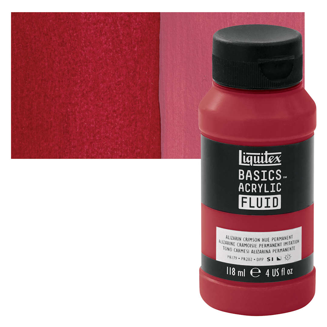 Open in modal - Liquitex Basics Acrylic Fluid Paint - Alizarin Crimson Hue Permanent, 118 ml bottle and swatch