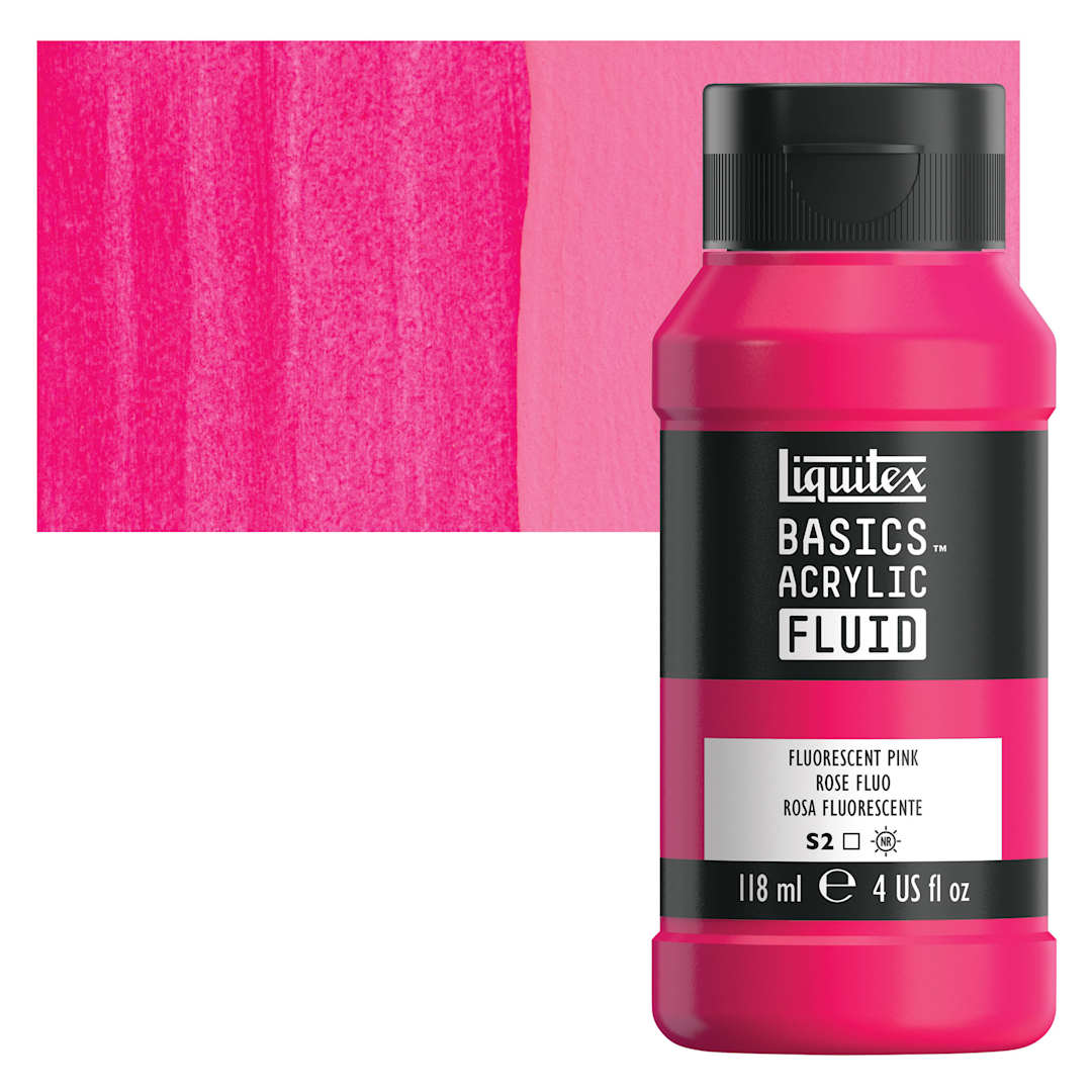 Open in modal - Liquitex Basics Acrylic Fluid Paint - Fluorescent Pink, 118 ml bottle and swatch