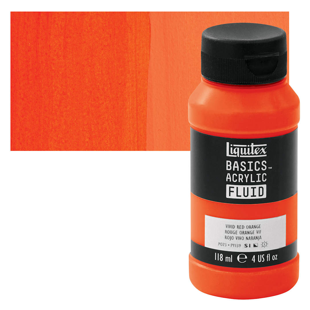 Open in modal - Liquitex Basics Acrylic Fluid Paint - Vivid Red Orange, 118 ml bottle and swatch